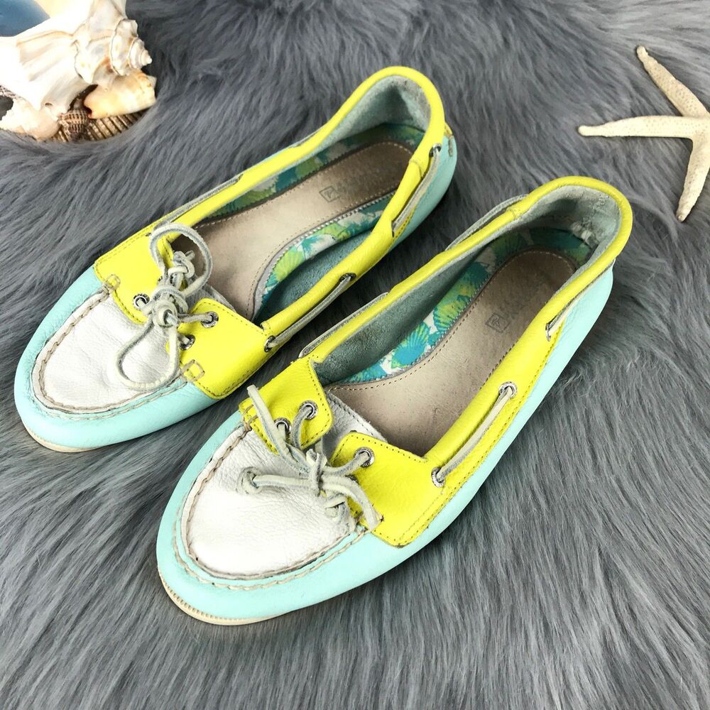 SPERRY Top-siders Bluefish Turquoise Yellow Beach Laced Boat Shoes Womens US 7